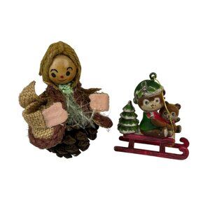 Vintage Christmas Tree Ornaments Set of 2 Holiday Decor Pinecone Girl Bears Sled